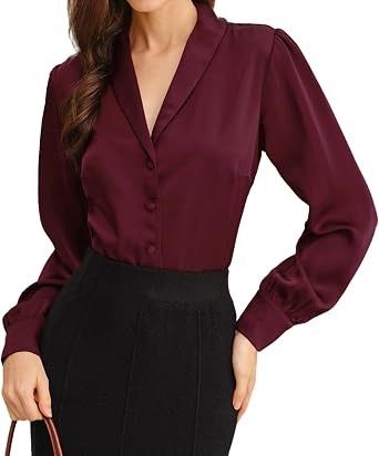 RIHOAS Womens Satin V-Neck Long Sleeve Button Down Shirt - Business Casual Dressy Blouse for Summer Fall Work & Daily Wear