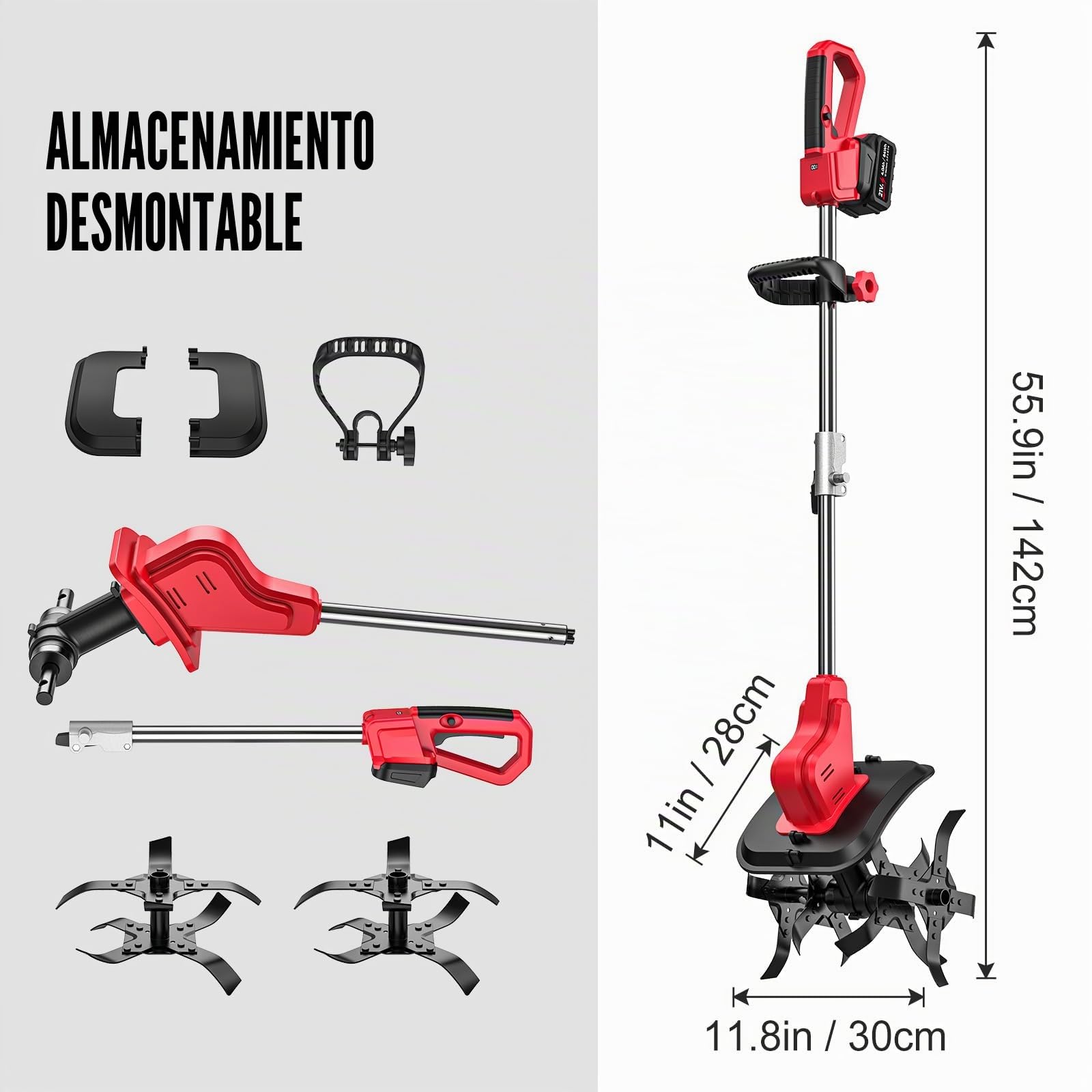 Motocultor inalámbrico 21V Motobloque de batería con 2 x 4,0 Ah Batería, motor sin escobillas, pantalla LED, ancho de trabajo 30 cm, profundidad de trabajo 36 cm, motocultor eléctrico (2x4.0Ah)