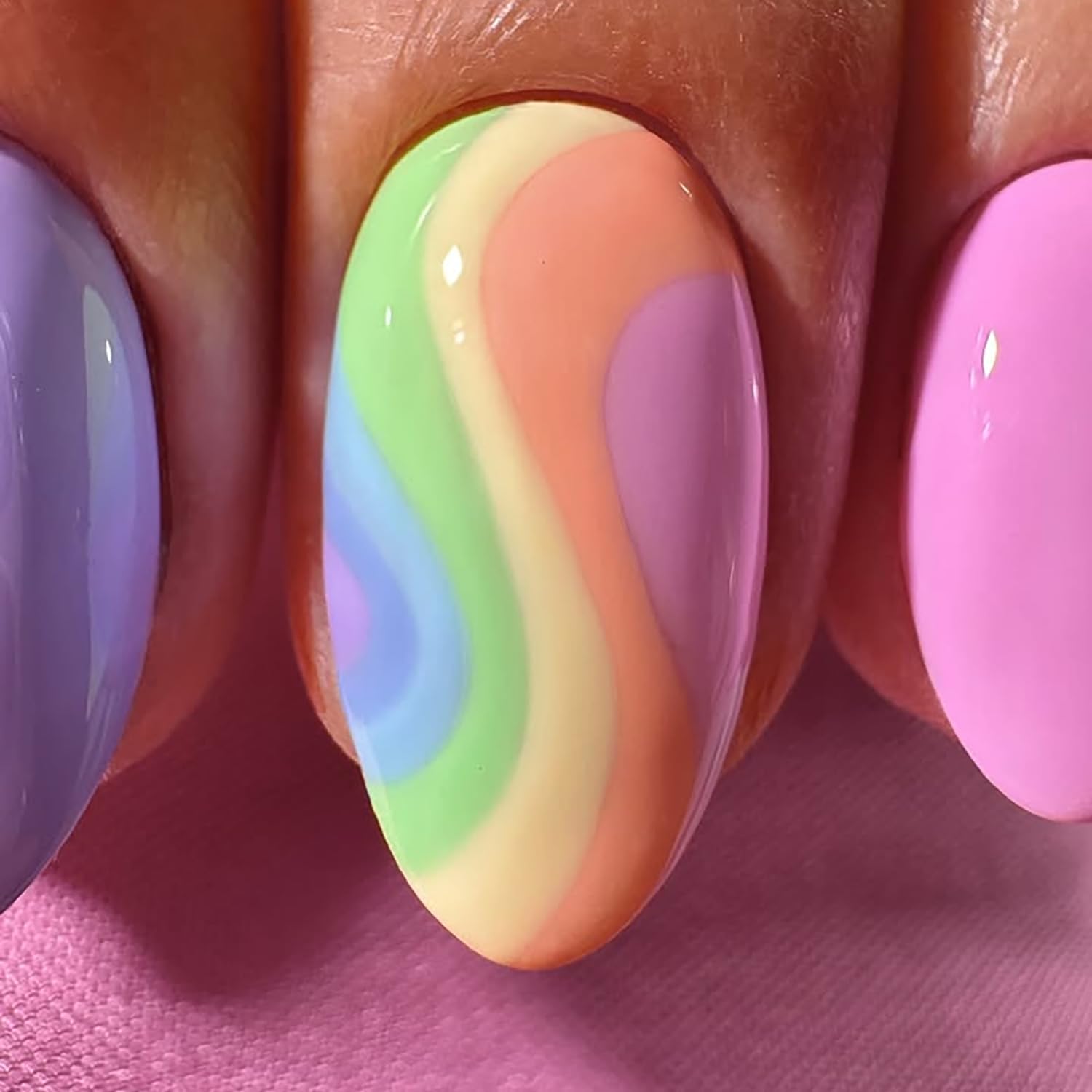 Lot de 24 faux ongles courts à presser en forme d'amande - Bleu et rose - Avec rayures colorées - Couverture complète - Faux ongles courts en acrylique à coller - Pour femme