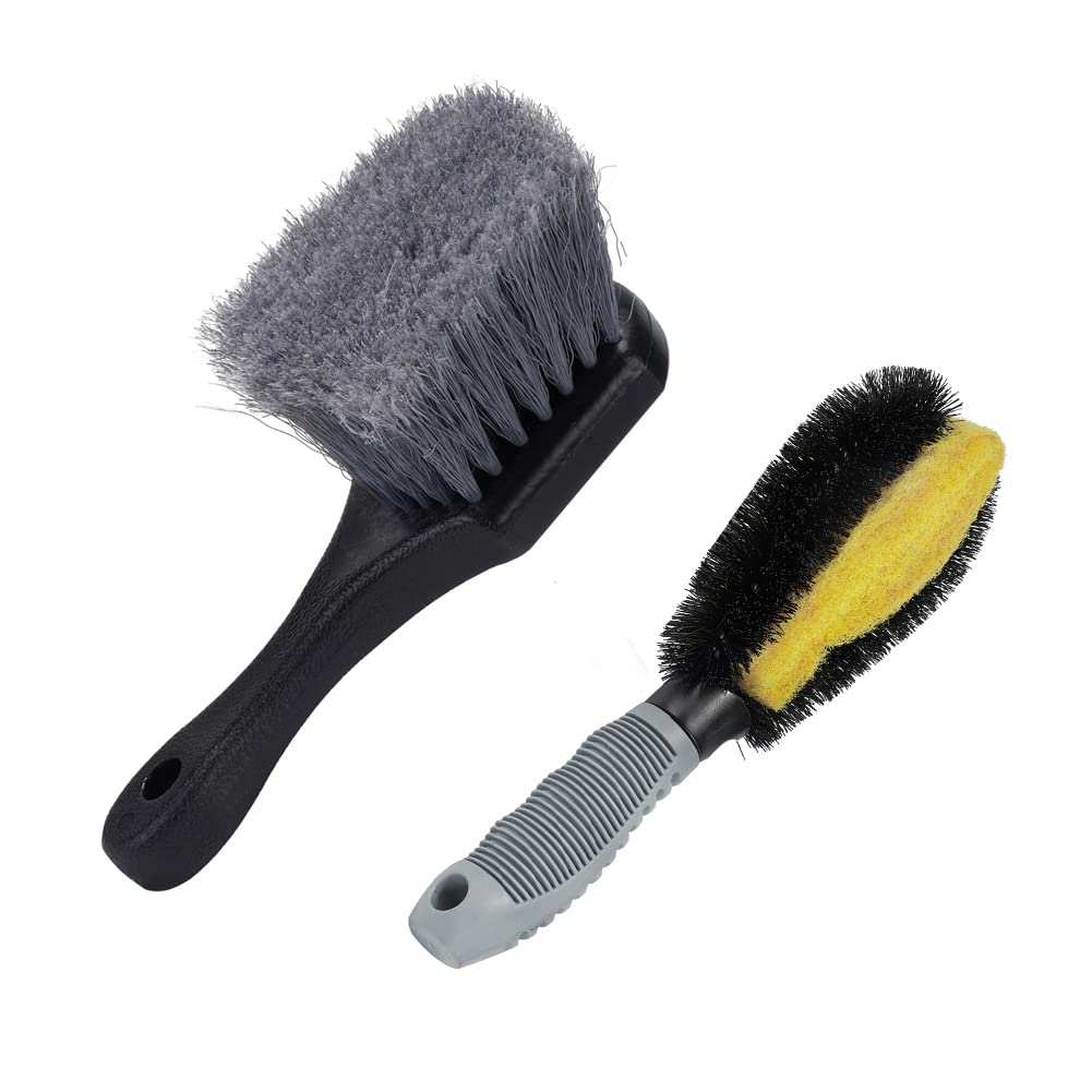 JSCARLIFE 2 Pcs Car Wheel Cleaning Brush & Tire Rim Brush,Car Detailing Brushes Car Care Brush Cleaner Bristles Short Handle Brush Multipurpose Use for Dust Remove and Dirty Tyre Washing (2)
