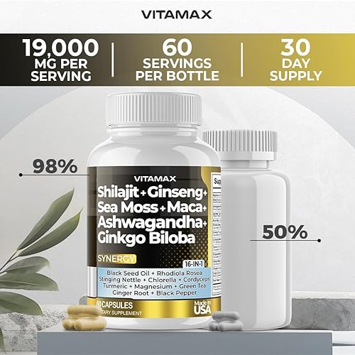 Miniatura 5 de Suplemento puro de Shilajit del Himalaya 10,000 mg Ashwagandha 6,000 mg de musgo marino, 2,000 mg de Rhodiola Rosea 1000 mg Gingko Biloba 500 mg