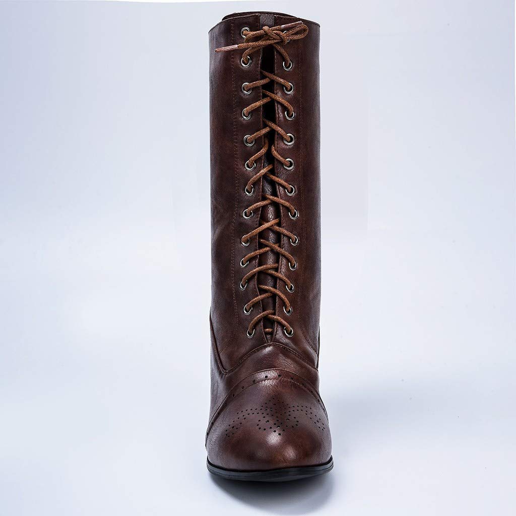 Ladies Lace Up Boots Calf Length Victorian Boots Women Leather Louis Heel Womens Vintage Boots Steampunk Gothic