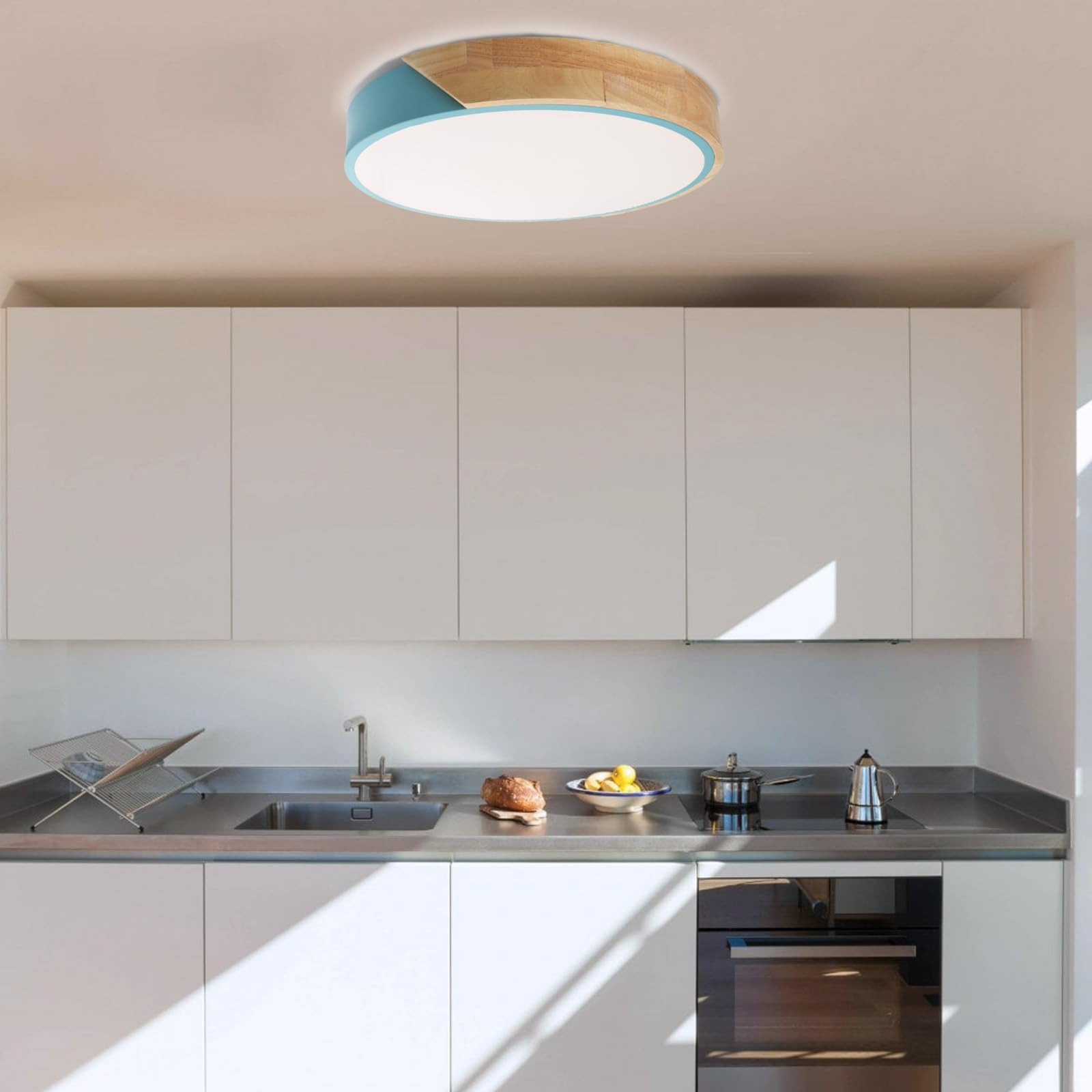 Alpinaluz Plafón LED Ø40 cm Azul y Madera – 30W con CCT Ajustable (3000K/4000K/6000K) – Diseño Nórdico Moderno en Metal y Madera para Salón, Dormitorio u Oficina
