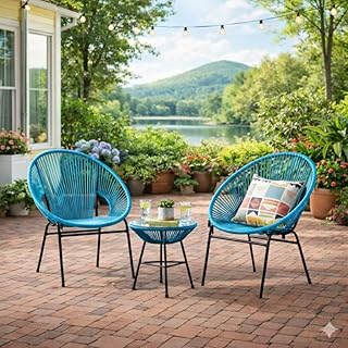 DEEP SLEEP 3-Piece Outdoor Seating Set in Blue – Modern Acapulco Patio Furniture with 2 Steel Chairs and Glass Top Table for Garden