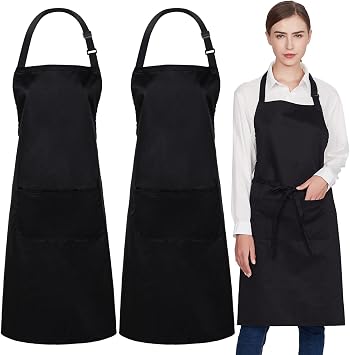 Jubatus 2 Pack 100% Cotton Aprons with 2 Pockets Cooking Chef Kitchen Adjustable Bib Apron for Women Men, Black