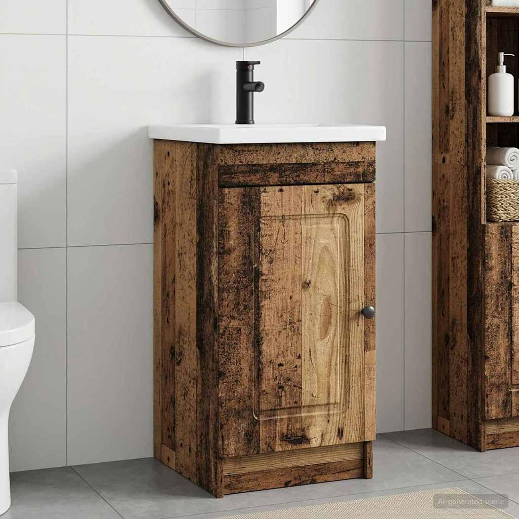 Mobile Bagno Con Lavabo Legno Antico 42 x 40 x 84,5 cm | Legno ingegnerizzato, Manopole nere in metallo, 1 ripiano, Ampio spazio interno