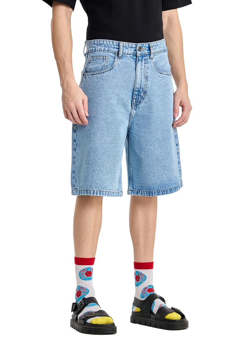 snitch Men Denim Shorts Street Wear | Baggy Fit Mid Rise Wide-Leg Acid Wash Pattern Plain Front | 100% Cotton Woven Denim, Drawstring Waist & 4 Pockets-picture-43