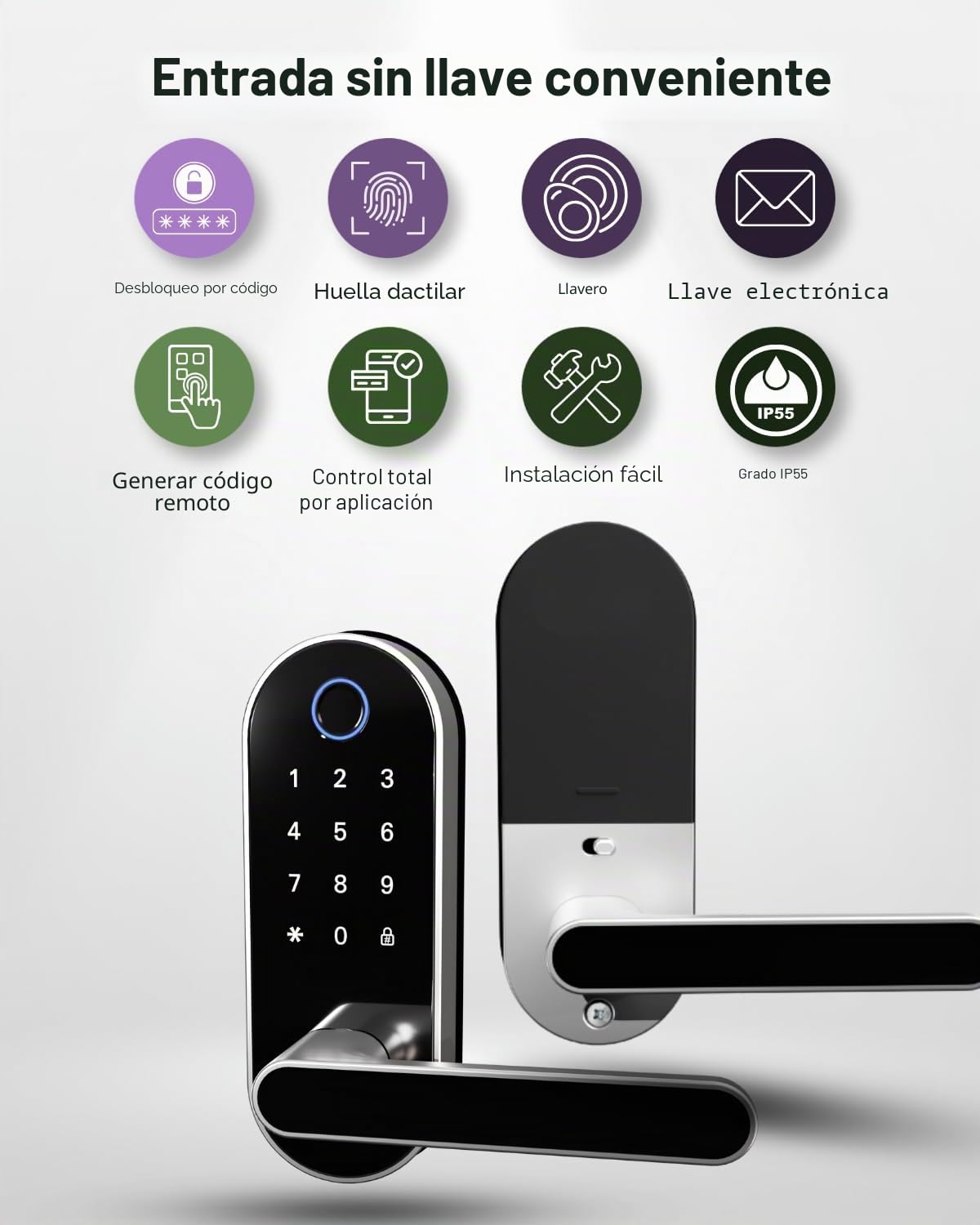 Cerradura inteligente digital de entrada sin llave con mango y teclado: cerradura electrónica/eléctrica con código, control de aplicación, perilla biométrica para puerta delantera, interior, exterior