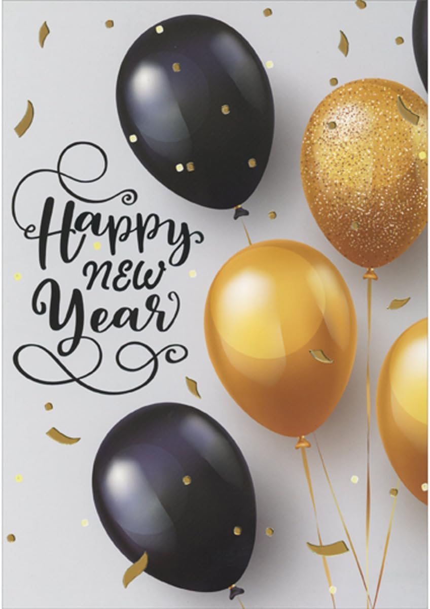 Designer Greetings Red Farm Studios Group of Black and Gold Balloons and Falling Gold Foil Confetti | Pack of 15 New Year Cards