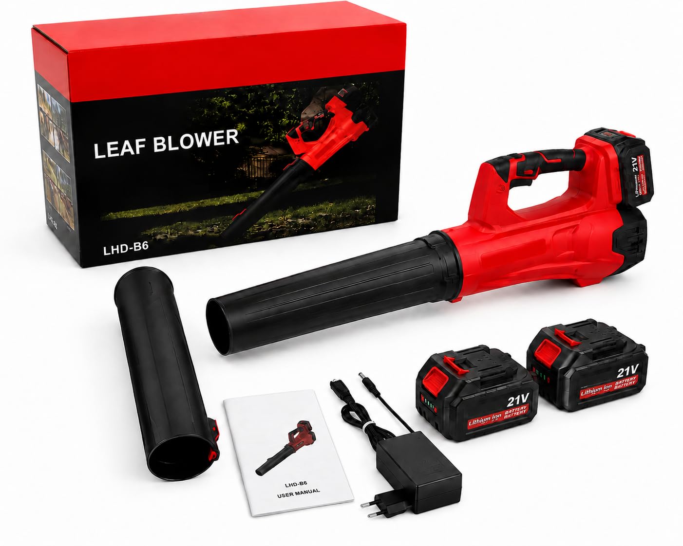 Soffiatore di foglie a batteria da 21 V con 2 batterie da 3000 mAh e caricatore, soffiatore elettrico portatile ad alta potenza, 6 velocità, 2 ugelli per giardino, cortile, garage e officina
