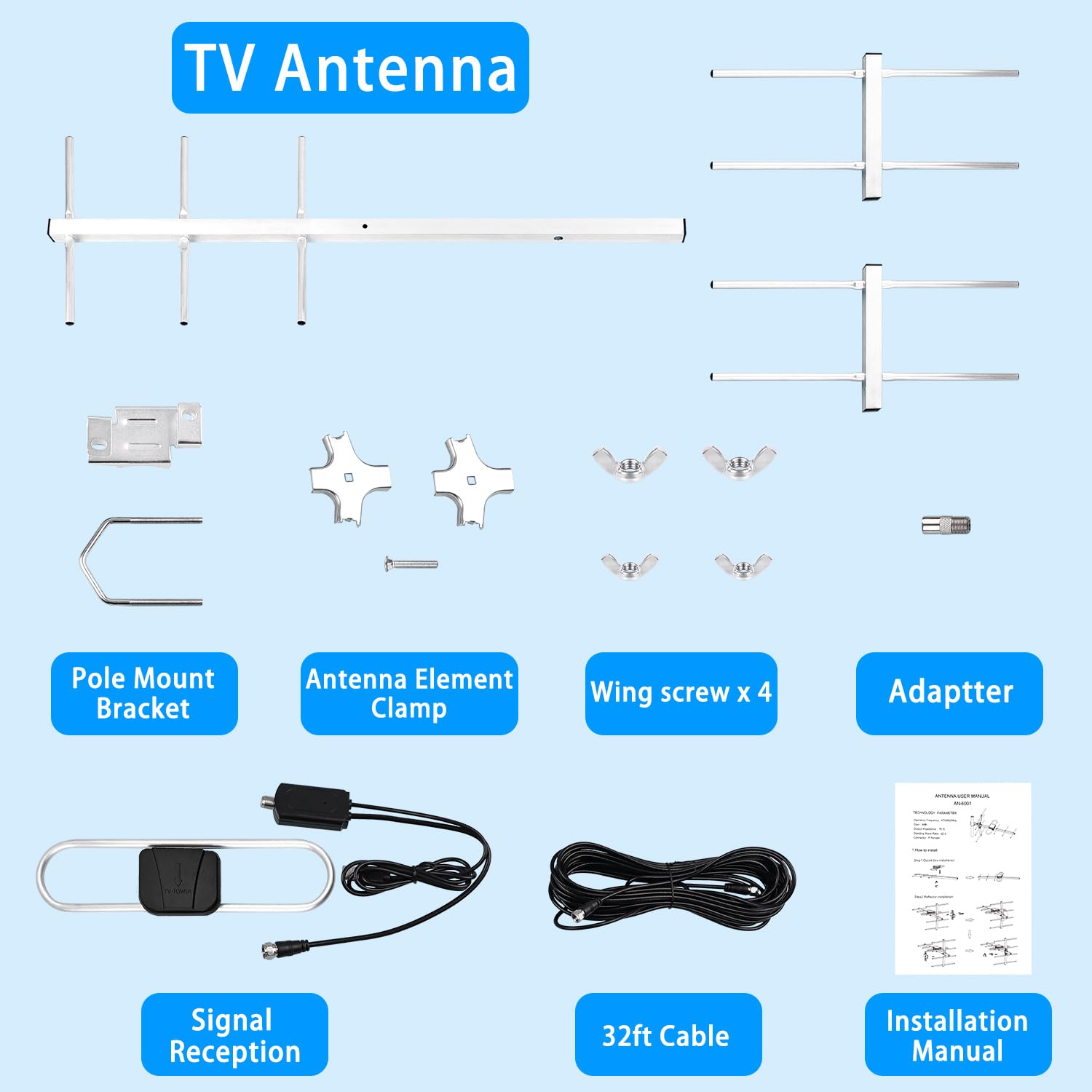 Antena digital HDTV para exteriores, antena Yagi Satellite HD TV, rotación direccional de 360 grados y largo alcance con UHF/VHF (AP037-01-US)