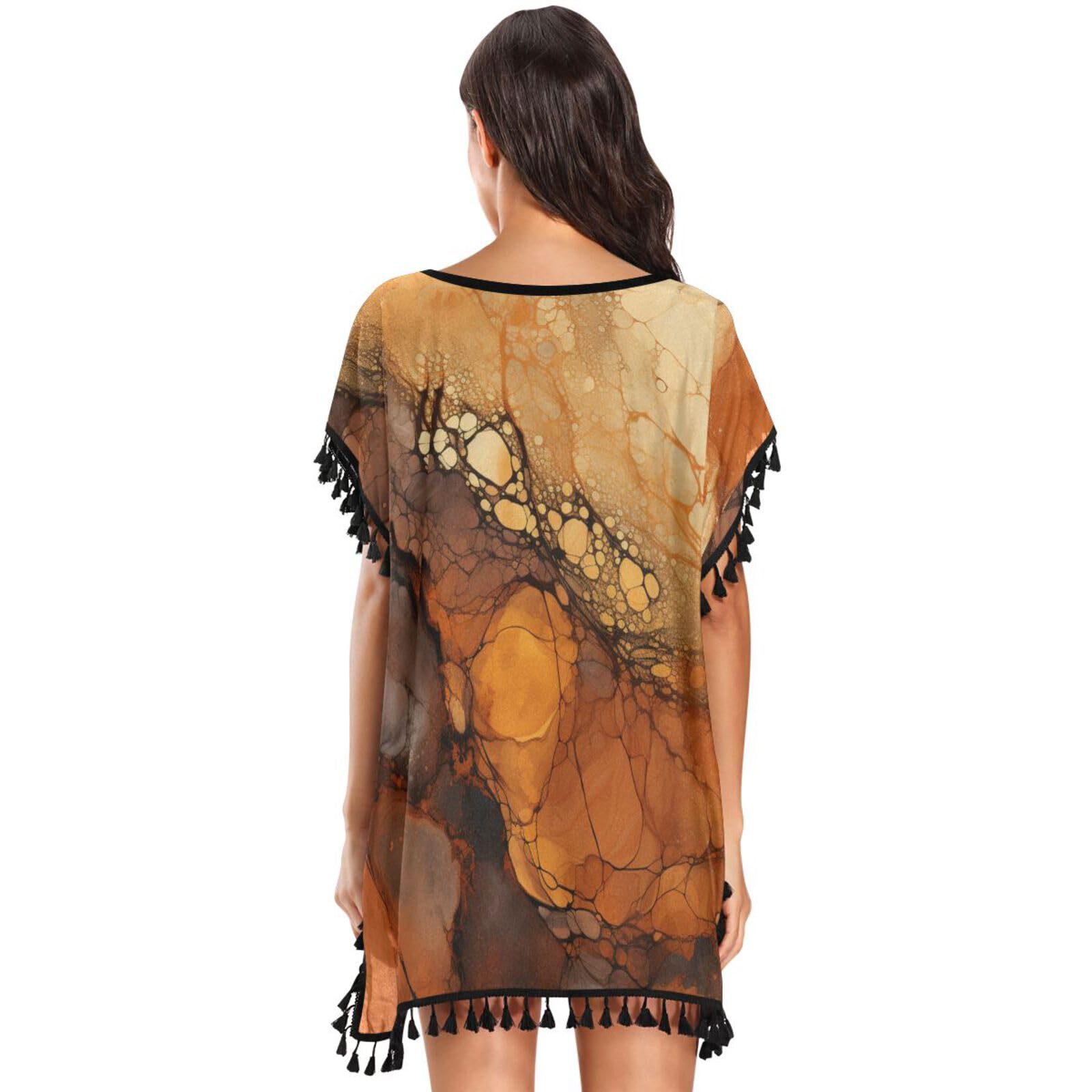 Dark Brown Marble Abstract Art Women's Beach Cover Up Chiffon Tassel Swimwear Swimsuit Coverups for Girl