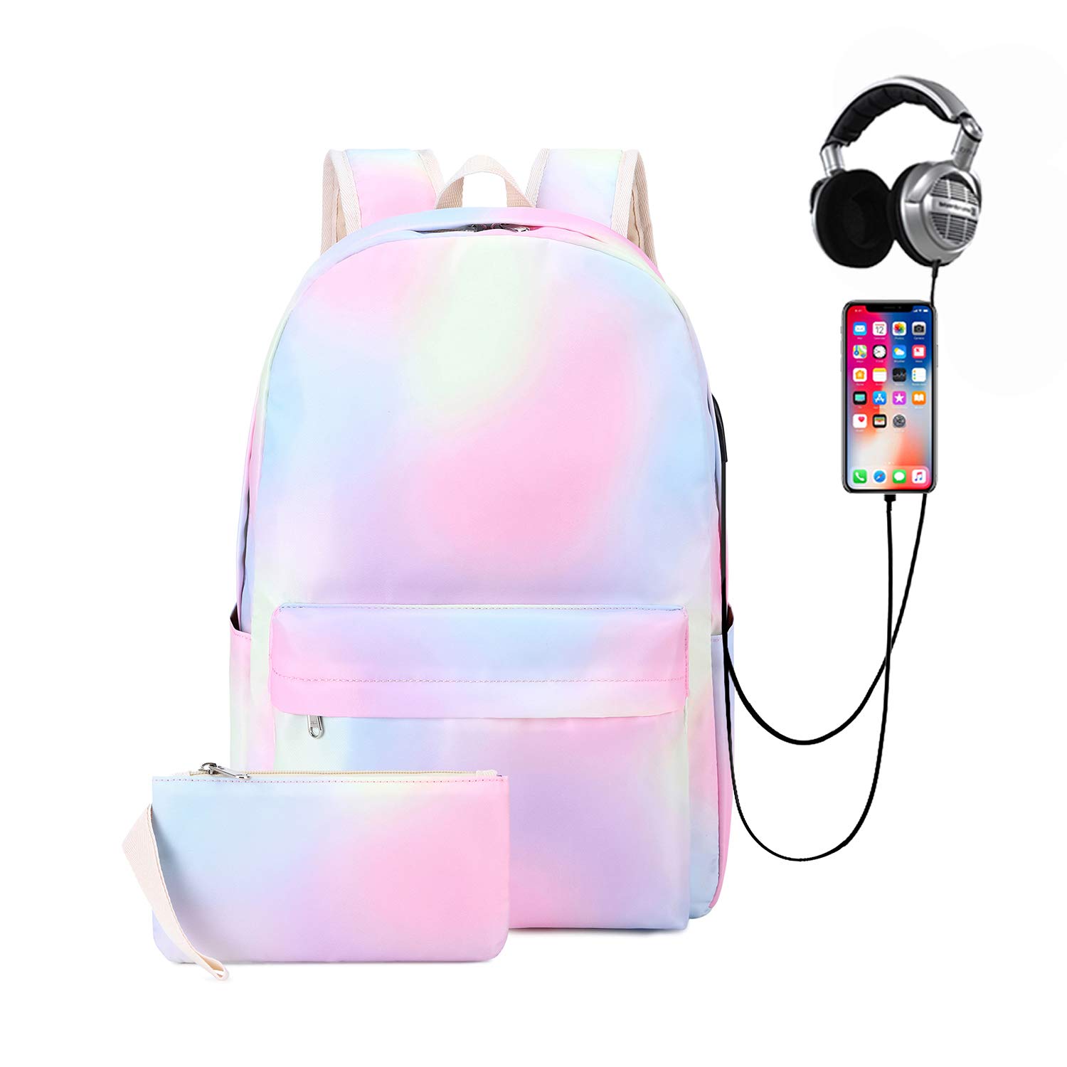 Natayoo Rainbow Laptop Backpacks for Women Water Resistant Casual Daypack Travel Backpack with USB Charging Port & Headphone Interface,Rainbow-pink,Large