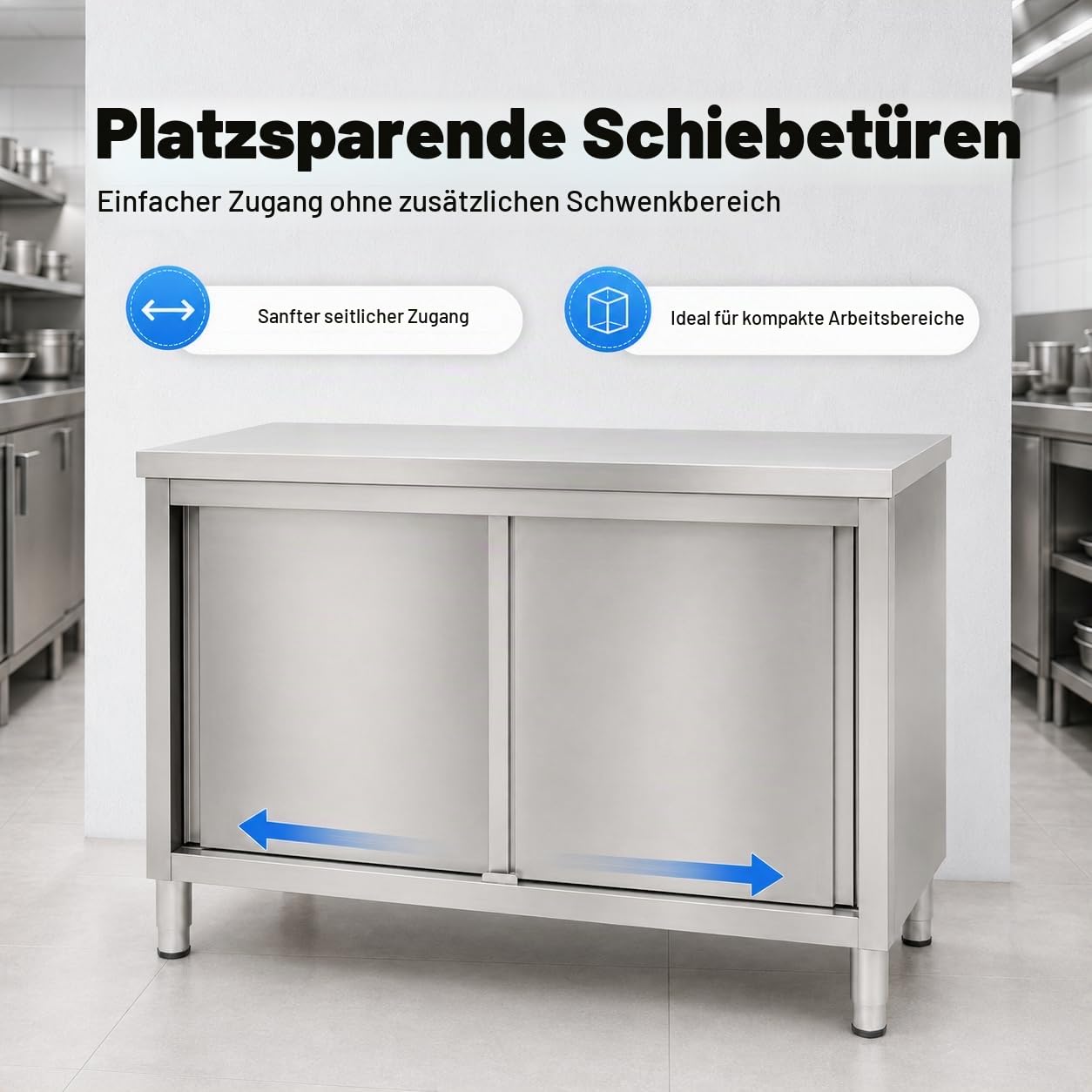 Arbeitsschrank mit Schiebetüren, 3-Etagen Kommerzieller Edelstahl Arbeitstisch, Küchenschrank mit Schiebetüren, Freistehend Edelstahlschrank für Küche, Restaurant, Werkstatt und Garage, 120x50x86 cm