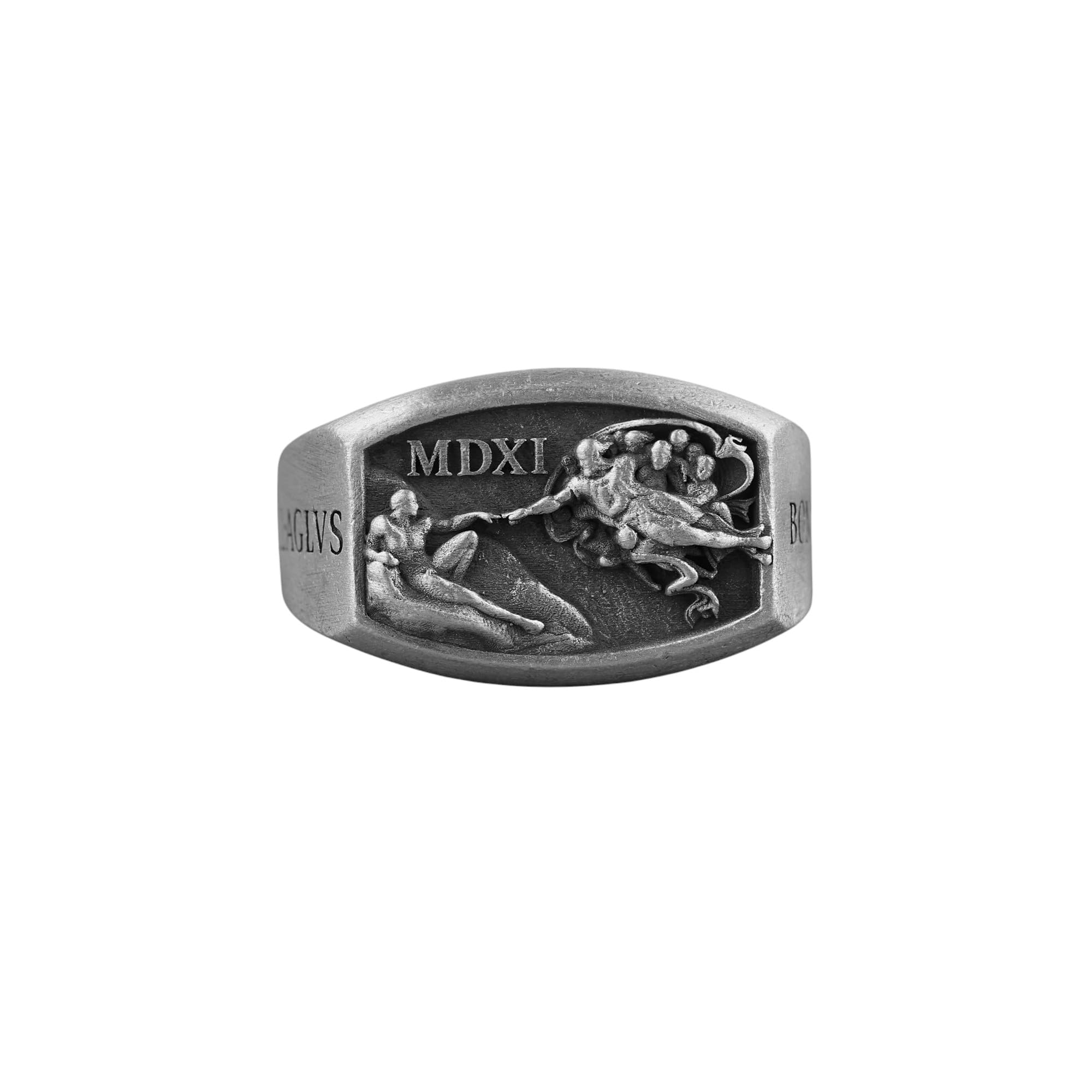 Creation of Adam Ring, 925 Sterling Silver Mens Pinky Ring, Sistine Chapel Ceiling Art Unusual Religious Statement ring for Boyfriend