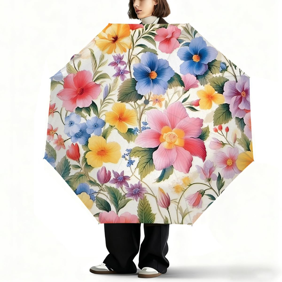 Ombrello pieghevole con fiori di ibisco, ombrello da viaggio, compatto, antivento, impermeabile, con protezione UV, rivestimento nero, leggero, 8 costole, portatile, per pioggia e sole