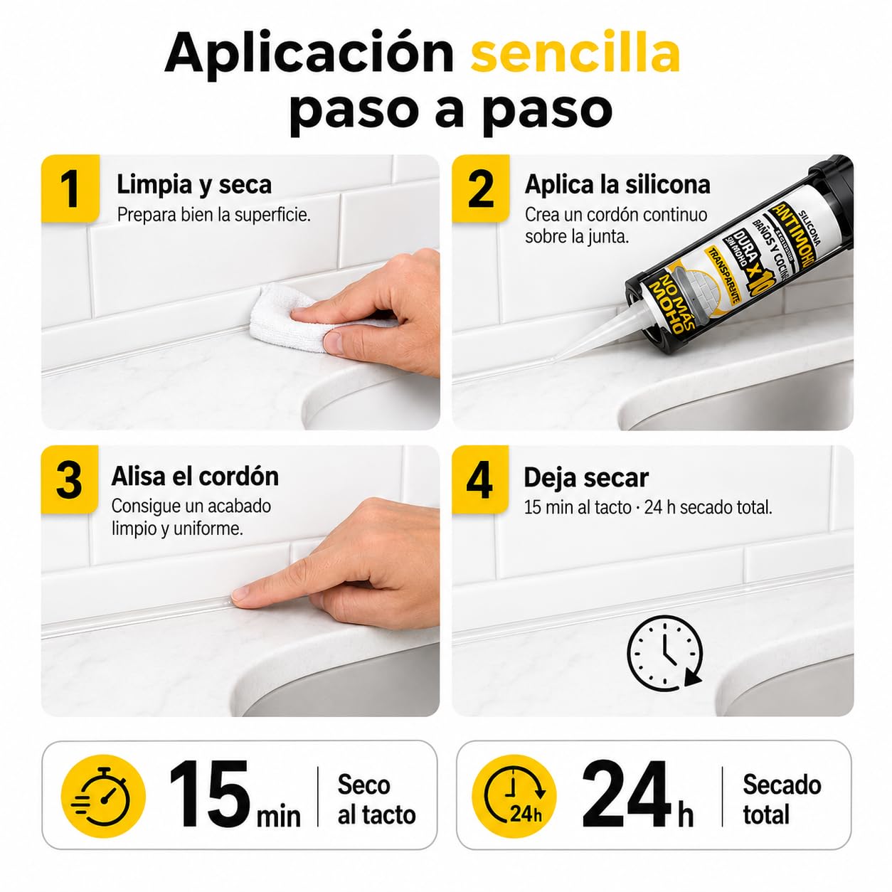 Silicona antimoho transparente 280 ml para baños y cocinas, pack de 12