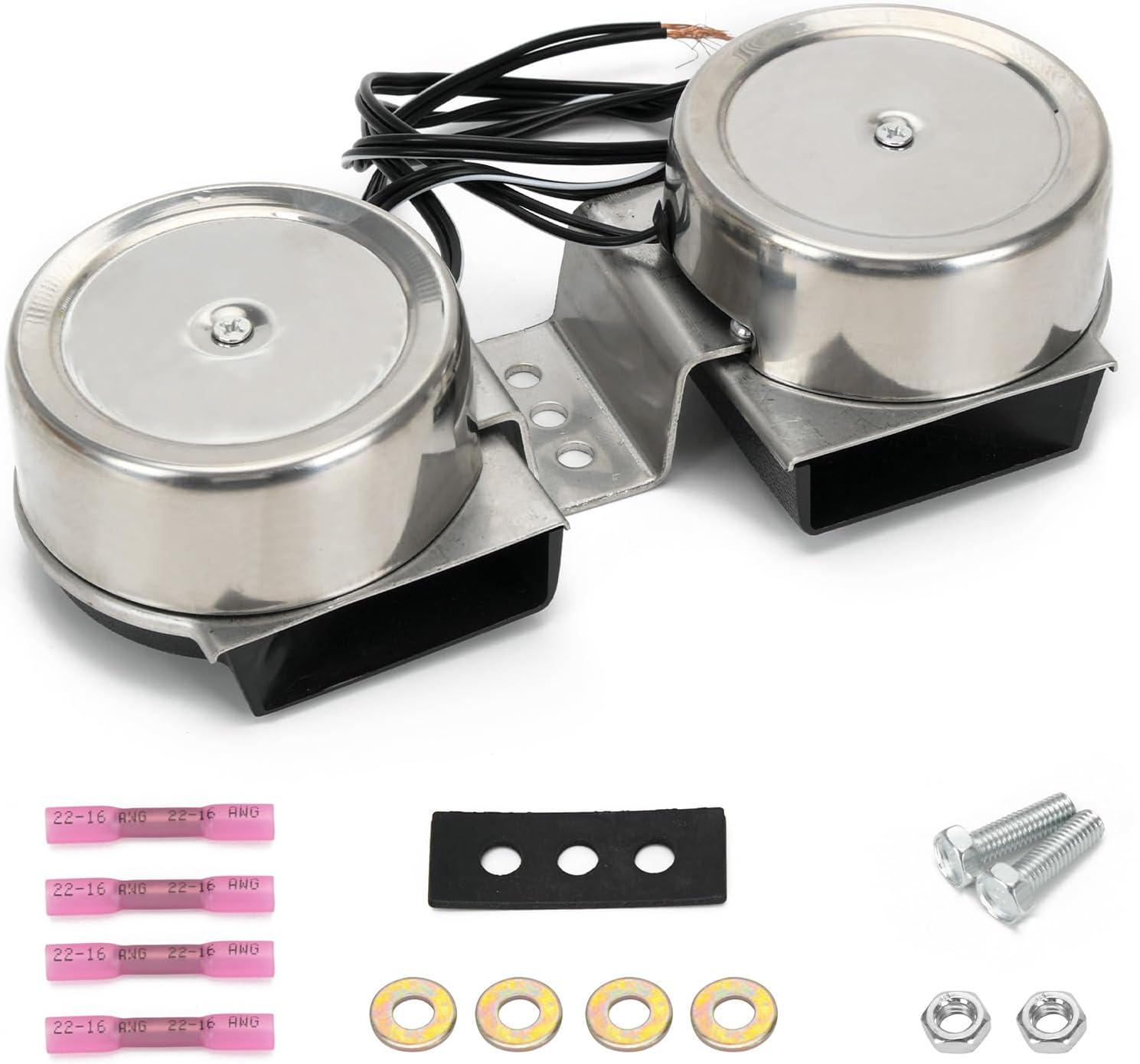 PTNHZ Double Stainless Steel Horns Left Side Hi-Tone Horn & Right Side Low Tone Horn 125dB 510Hz & 410Hz w/Base Bracket Used for Boats Trucks SUV RVs Motorcycles