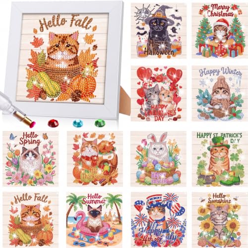 Trandraft 13 Pcs Cat Holiday Small Diamond Art Kits for Adults Craft