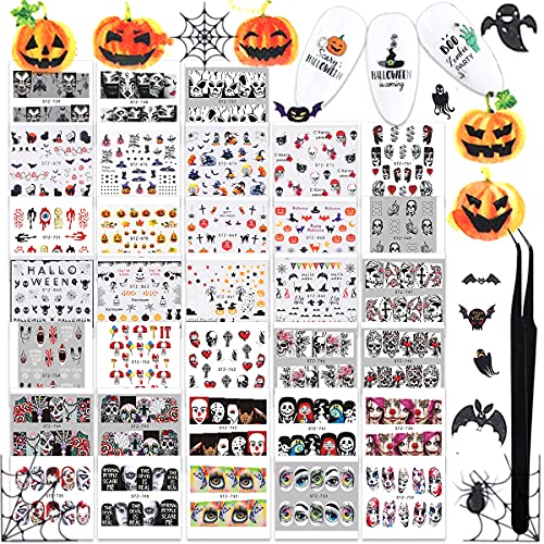 JERCLITY 49 Sheets Halloween Nail Art Stickers Water Transfer Nail Decals with Tweezers Clown Skeleton Jack-o-Lantern Nail Art Decals Maple Leaf Press On Sticker Nails for Women