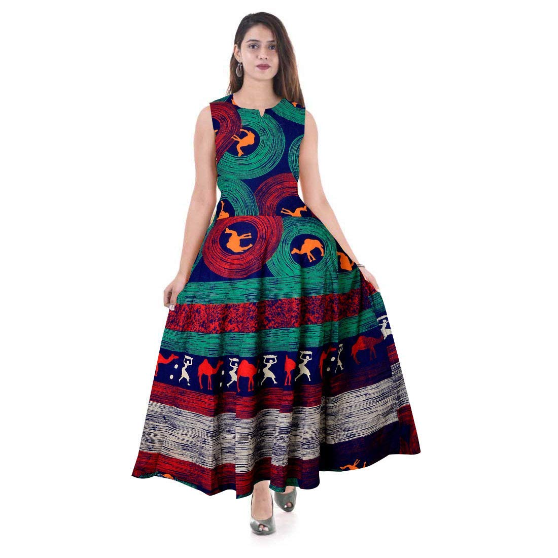 Shrisay Fashion Women's A-Line Cotton Rajasthani Paisley Print Long Maxi Gown Dress - (Free Size Upto XXL) Multicolour-picture-42