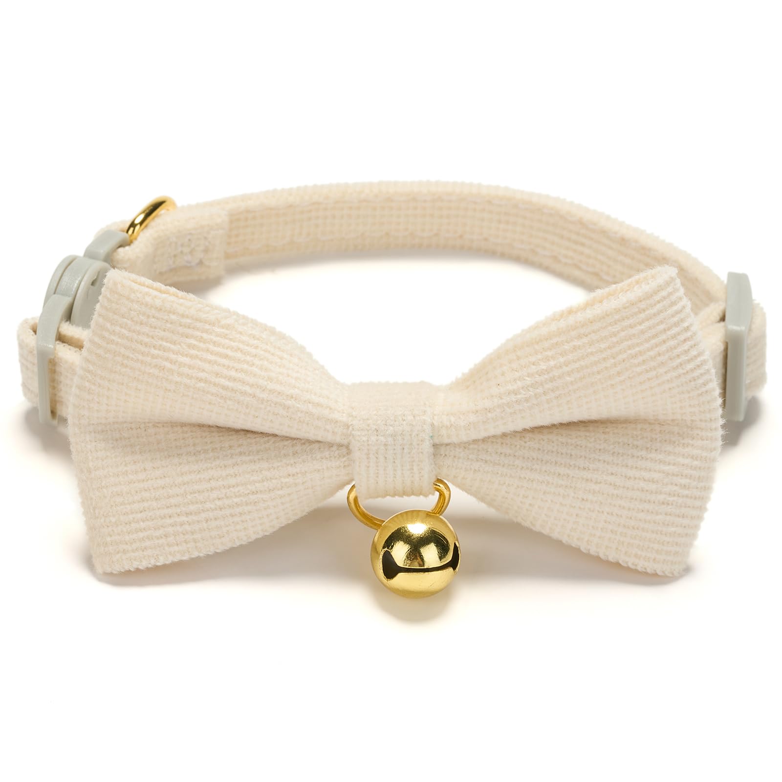 YUDOTE Ultra-soft Collar Natural Cotton Corduroy Made for Cats with Sensitive Skin,Lightweight Feline Collars with Quick-release Buckle and Removeable Bow-tie,White Pack of 1