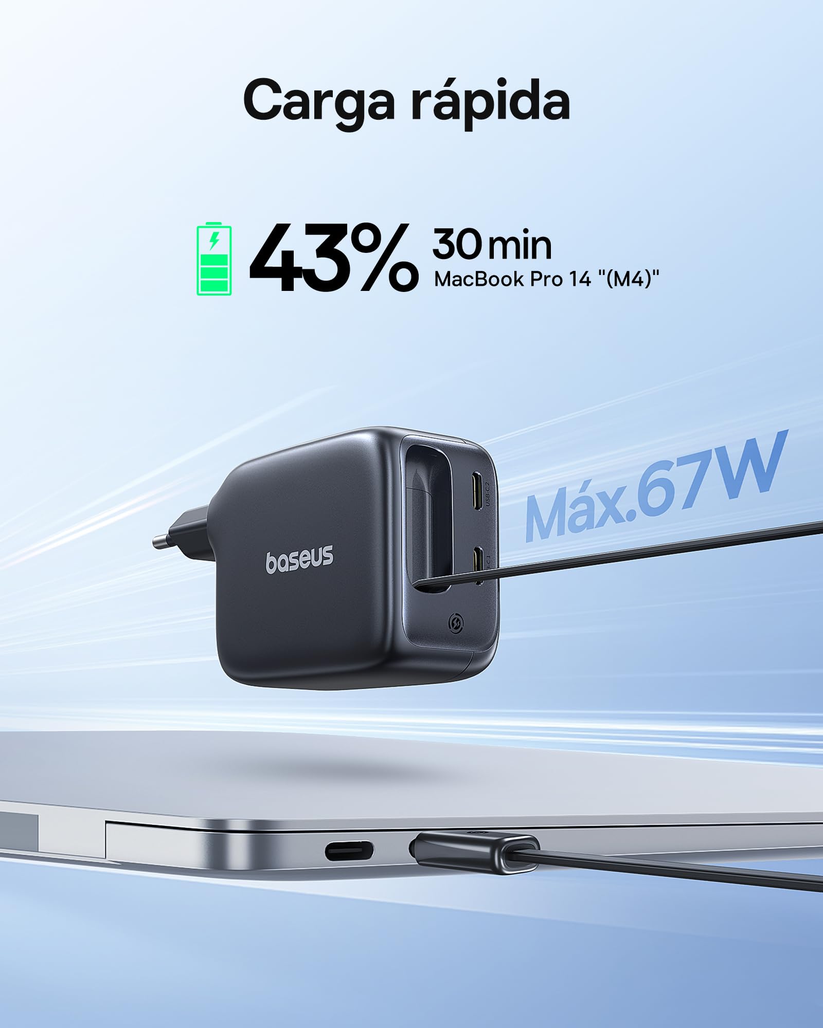Baseus Enercore Cargador USB C de 67W con Cable Retráctil, Charger GAN con 2 Puertos USB-C, Cargador Rápido Compacto Compatible con MacBook Pro, DELL, HP, iPad, iPhone 16/15/14/13/12Pro, Galaxy S25