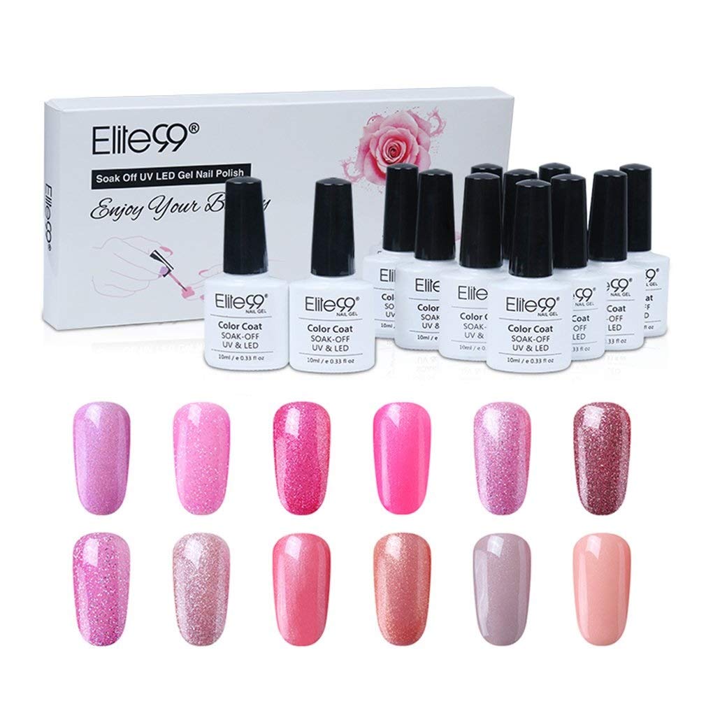 Elite99 Gel Nail Polish 12PCS Kit Magenta Series 10ML Soak Off UV LED Gel Nail Varnish Gloss Manicure Lacquer 12 Colours Set Nail Art Manicure Starter Kit Salon Decor Gift Set