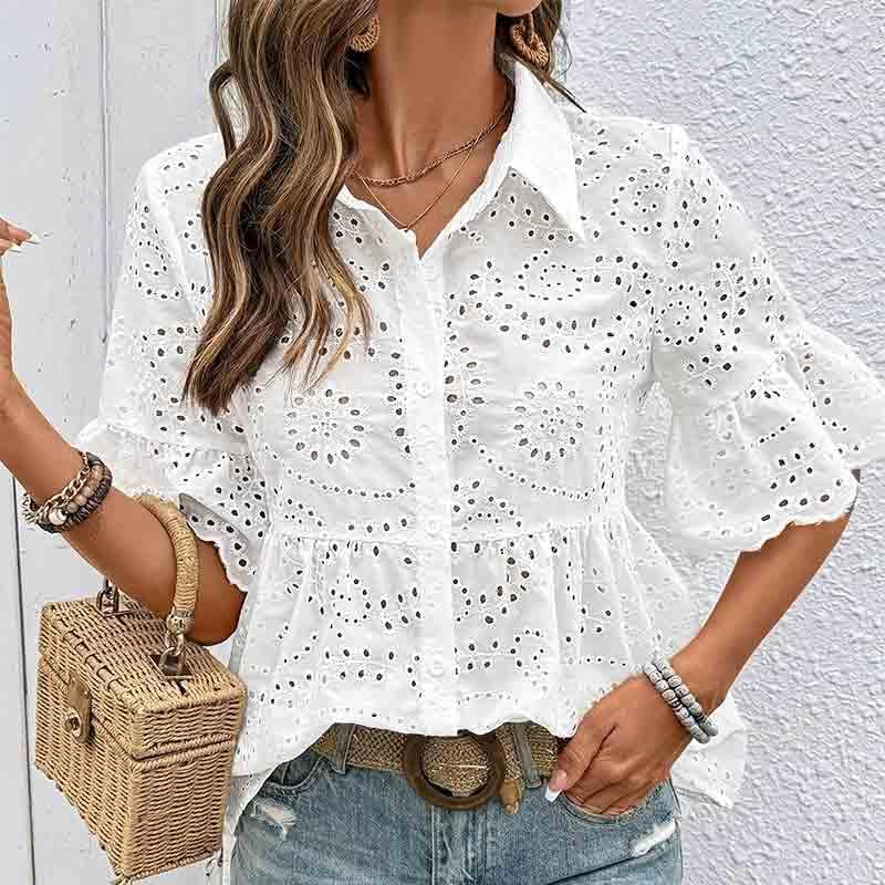 Women's Elegant Hollowed Out Casual Shirt with Simple Lapel and Short Sleeve Shirts for Women - Image 5
