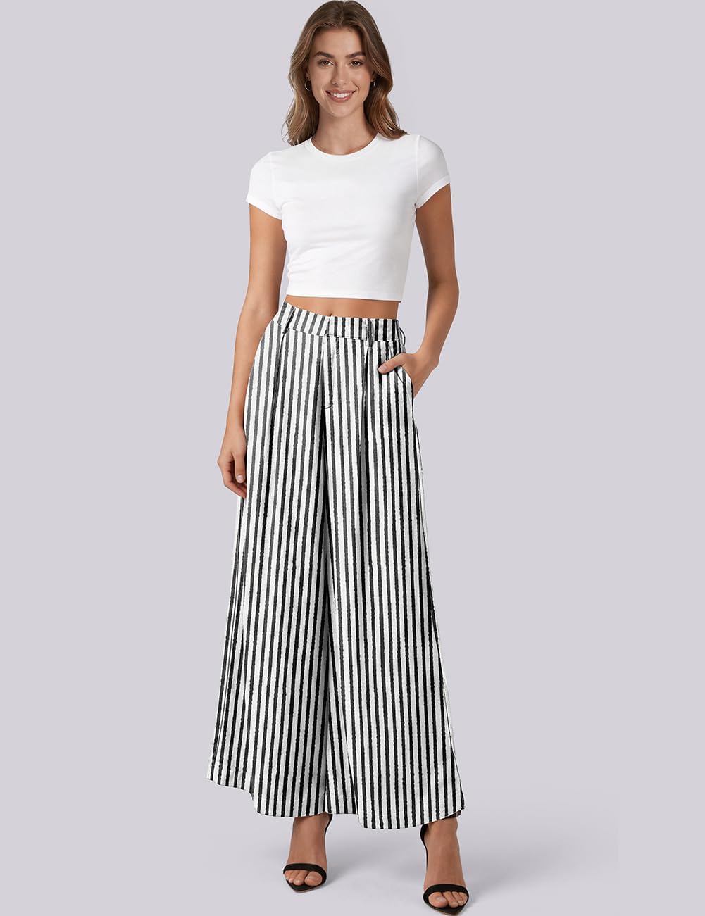 TARSE Womens Linen Palazzo Pants 2026 High Waist Wide Leg Printed Pleat Pants Woman Flowy Dressy Casual Pockets Trousers