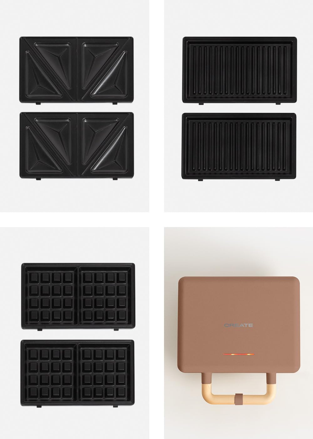 CREATE/STONE STUDIO/Tostiera per panini, grill e waffle moka / 3 piastre intercambiabili: Grill, waffle e panini, antiaderente, apertura 100º, spegnimento automatico, retro, 800W