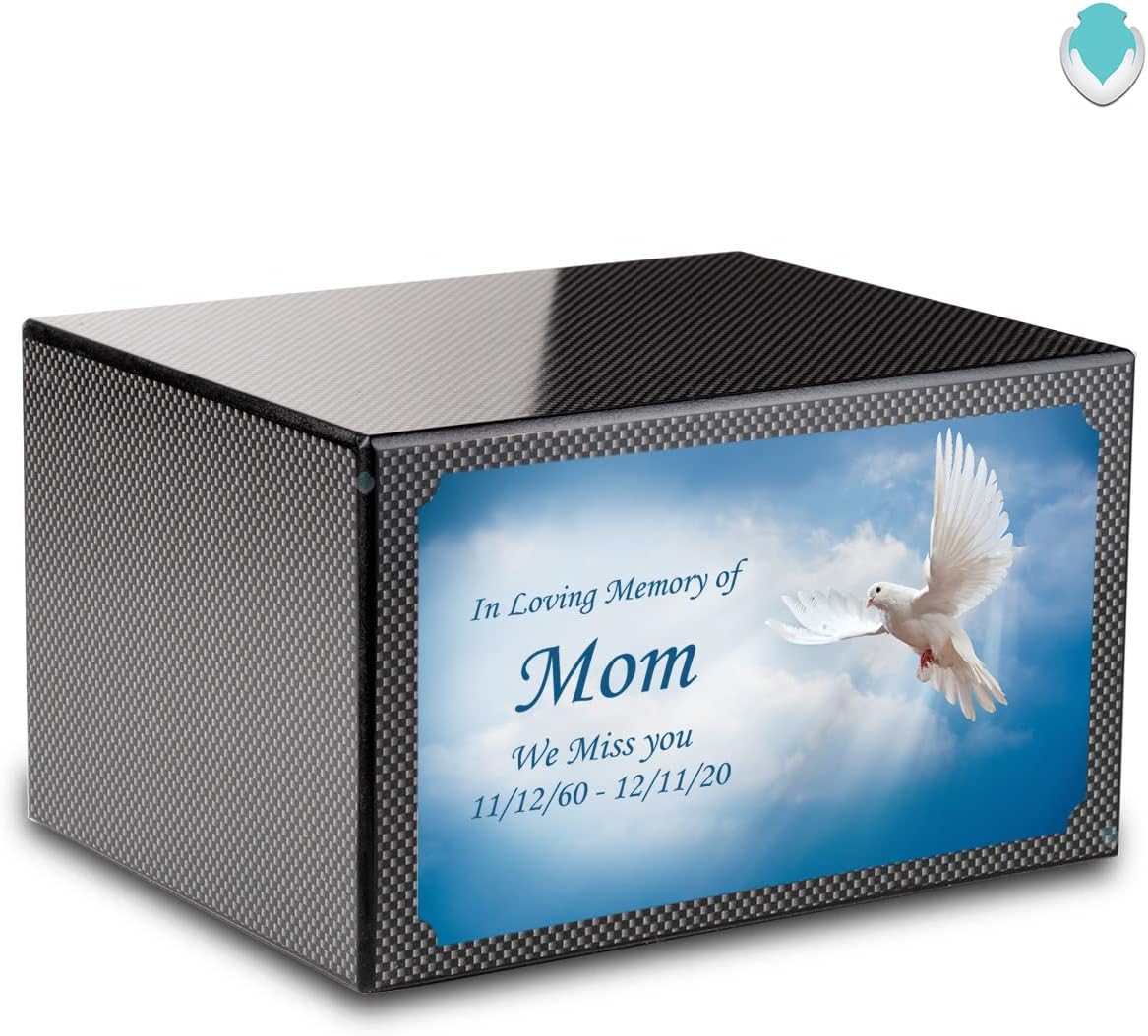 GetUrns Heritage Adult Carbon Fiber Cremation Urn Box for Human Ashes I Doves UV Printing Wooden Urns for Male and Female I 213lbs