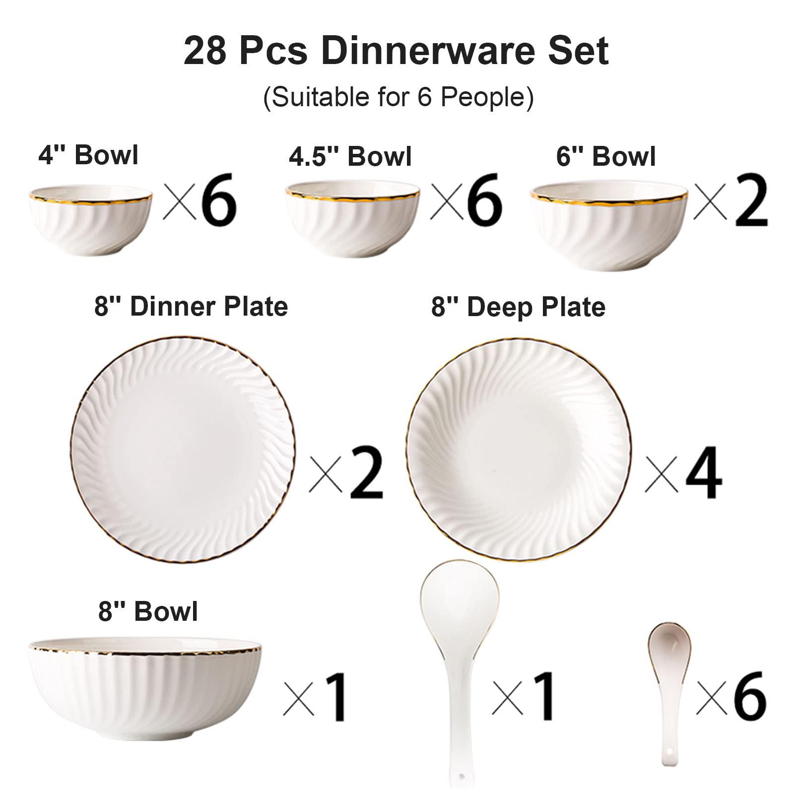 Okrągły zestaw obiadowy, ceramiczny zestaw obiadowy 28 szt., serwis na 6 naczyń, zestawy porcelany stołowej ze złotą obwódką, nowoczesny komplet obiadowy z pełną obsługą, zestawy talerzy i misek,