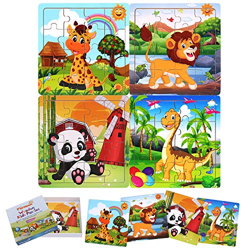 FLORMOON Wooden Jigsaw Puzzle for Kids 3 4 5 6 Year Old - Large Piece, No Sawdust, No Fading - Preschool Animals Learning Toys for Boys Girls (4 Puzzles, Giraffe Lion Panda Dinosaur)