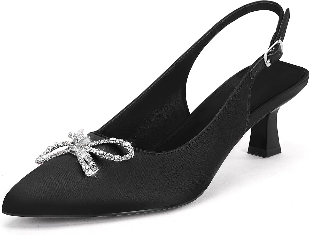 Zapatos de vestir de novia con lazo de diamantes de imitación Slingback de tacones de satén de gatito de Coutgo para mujer