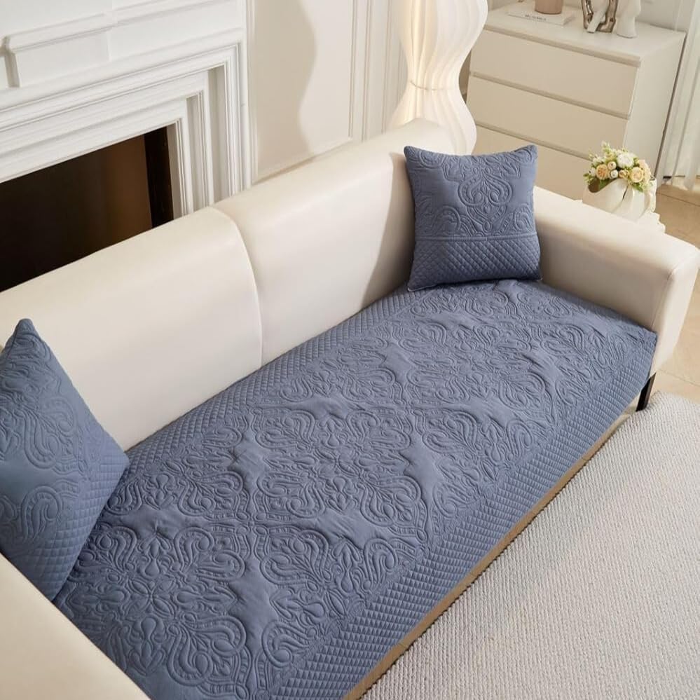 HOMETHREADS Premium Embroidered Cotton Sofa Cover Mat with PVC Backing for Non-Slip Comfort (Blue, 2 Seater Small | 70x120cm)-image-25
