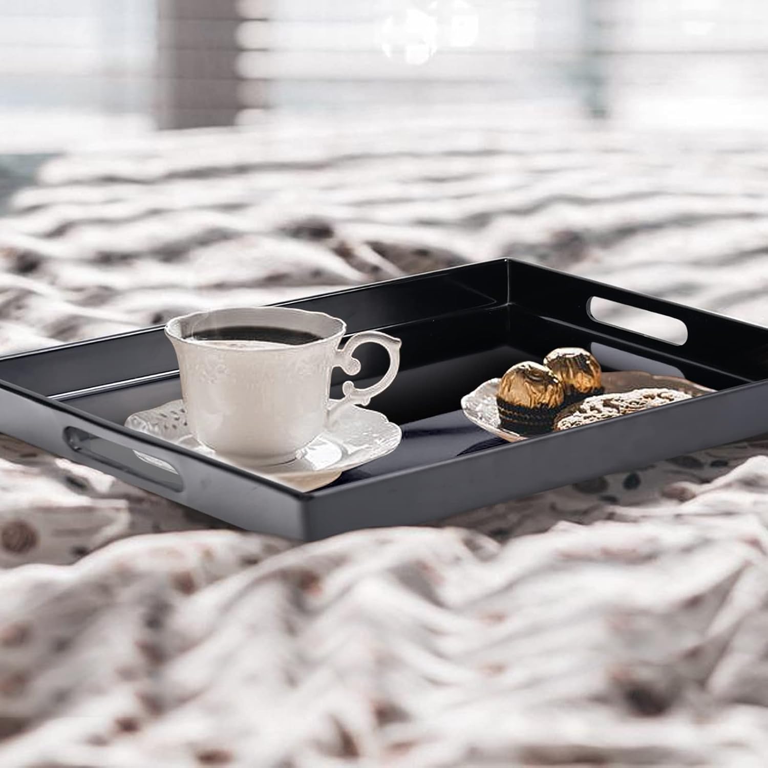 Serving Tray with Handles-10x15Inch Black Melamine Modern Serving Platters,Serving Wine,Coffee,Breakfast/Kitchen Countertop Tray/Makeup Drawer Organizer/Vanity Table Tray/Decorative Tray