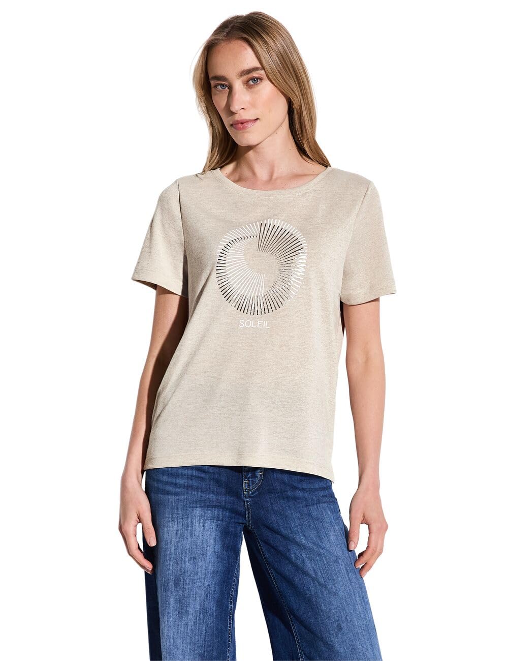 Street One Women's A322705 T-Shirt with foil Print, Moonstone Sand, 14
