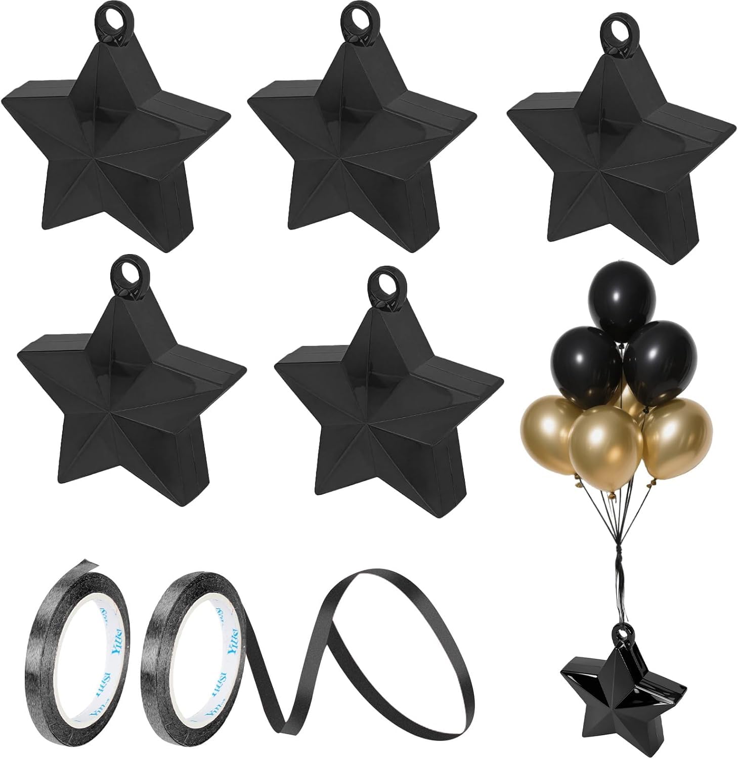 6 Pcs Balloon Weight with Ribbon, Black Star Foil Helium Balloon Weights for Birthdays, Parties, Weddings, Table Decorations and Celebrations