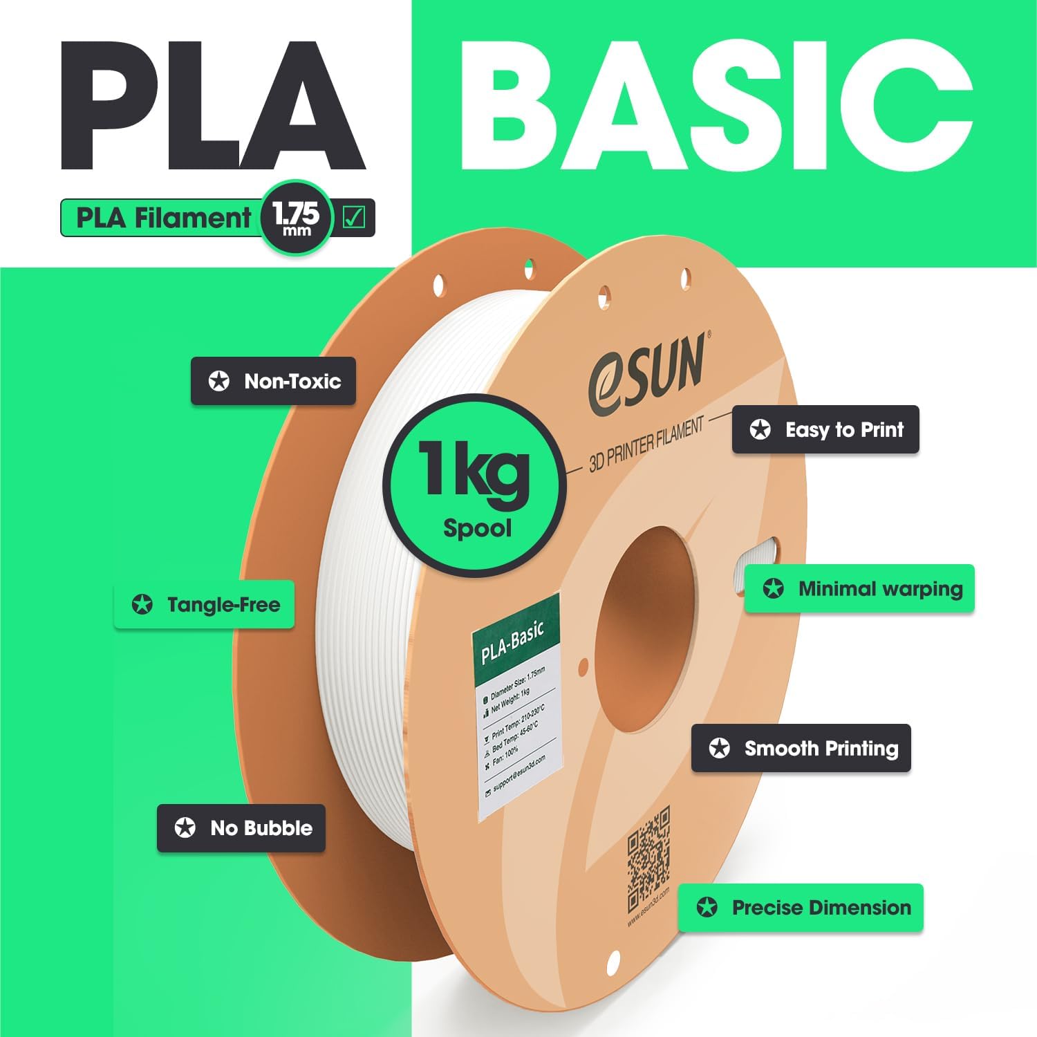 eSUN PLA Filament 1.75mm, 3D Printing PLA Basic Filament 1.75mm Dimensional Accuracy +/- 0.03mm, 1kg per Carboard Spool, 4KG 3D Printer Filament, Black