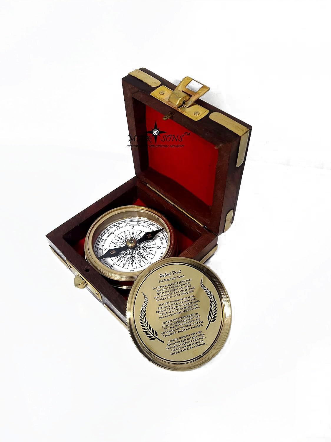 M.A & SONS Personalize Brass 100 Years Calendar Compass with Wood Box Campign Hiking Direction Compass 2