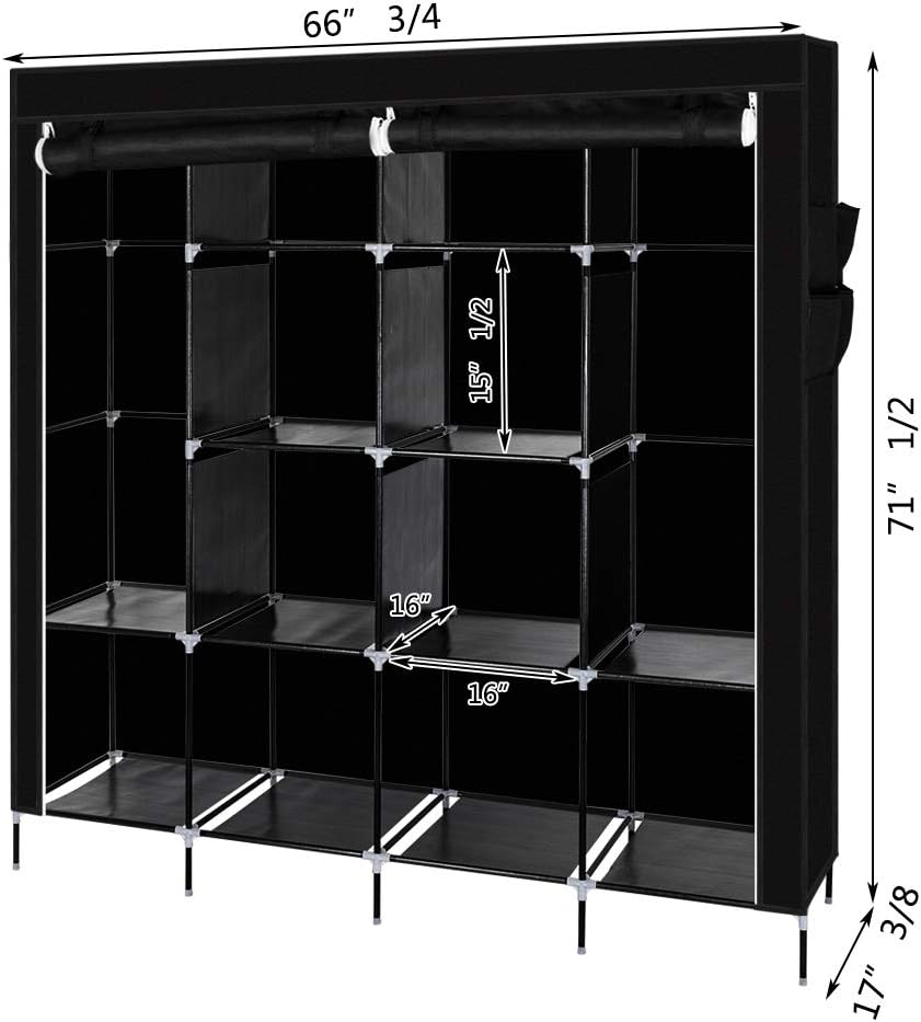 Knocbel 67" Tall Freestanding Closet Organzier Clothes Garment Rack Dustproof & Waterproof Fabric Cover with Storage Shelves 2 Hanging Rods & 4 Side Pockets (Black)