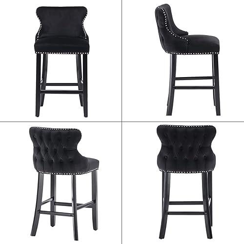 Miniatura 5 de mikibama Juego de 2 taburetes de bar de terciopelo con respaldo de ala, sillas de bar tapizadas con botones capitoné con altura de mostrador con