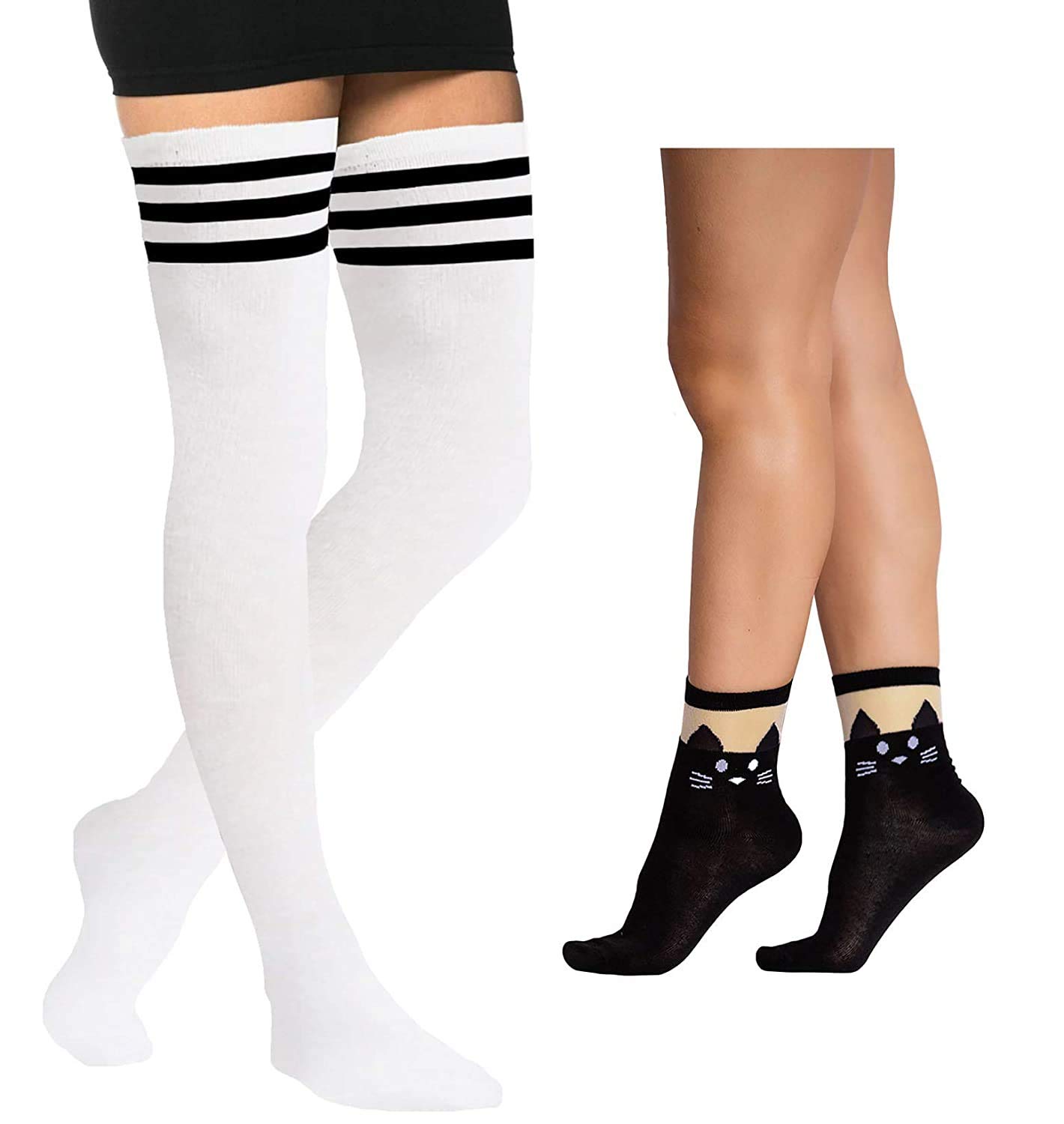 MAGICWomen's Over the Knee Thigh High Socks and Cat Design Socks Combo