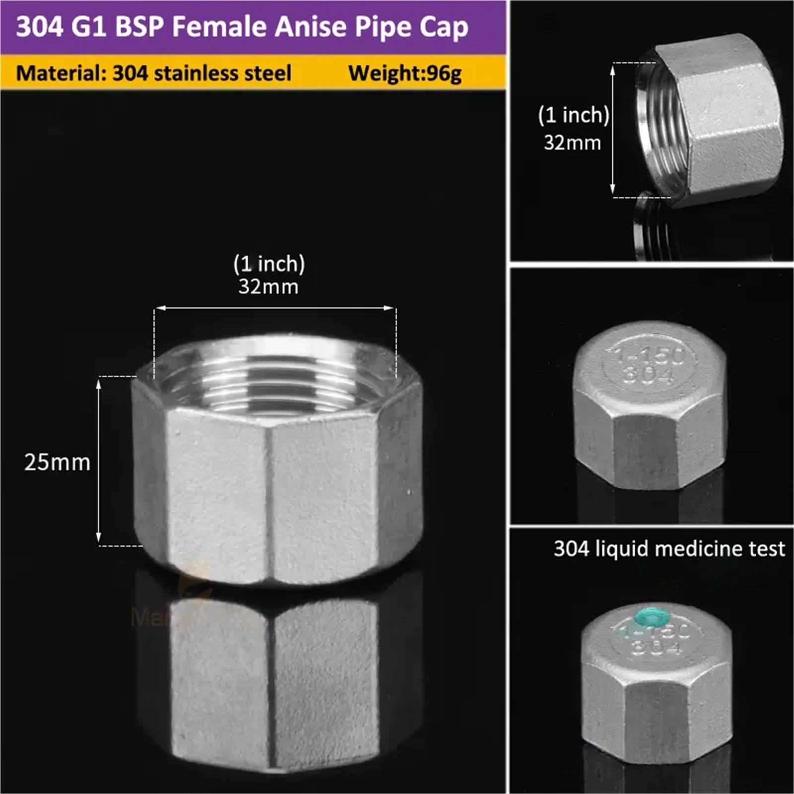 1/5/10 PCS 304 Stainless Steel Inner Silk Tube Cap/Head/Tube Pipe Fittings 1/8" 1/4" 3/8" 1/2" 3/4" Hexagonal Female Thread(304 Female Cap G1,5 PCS)