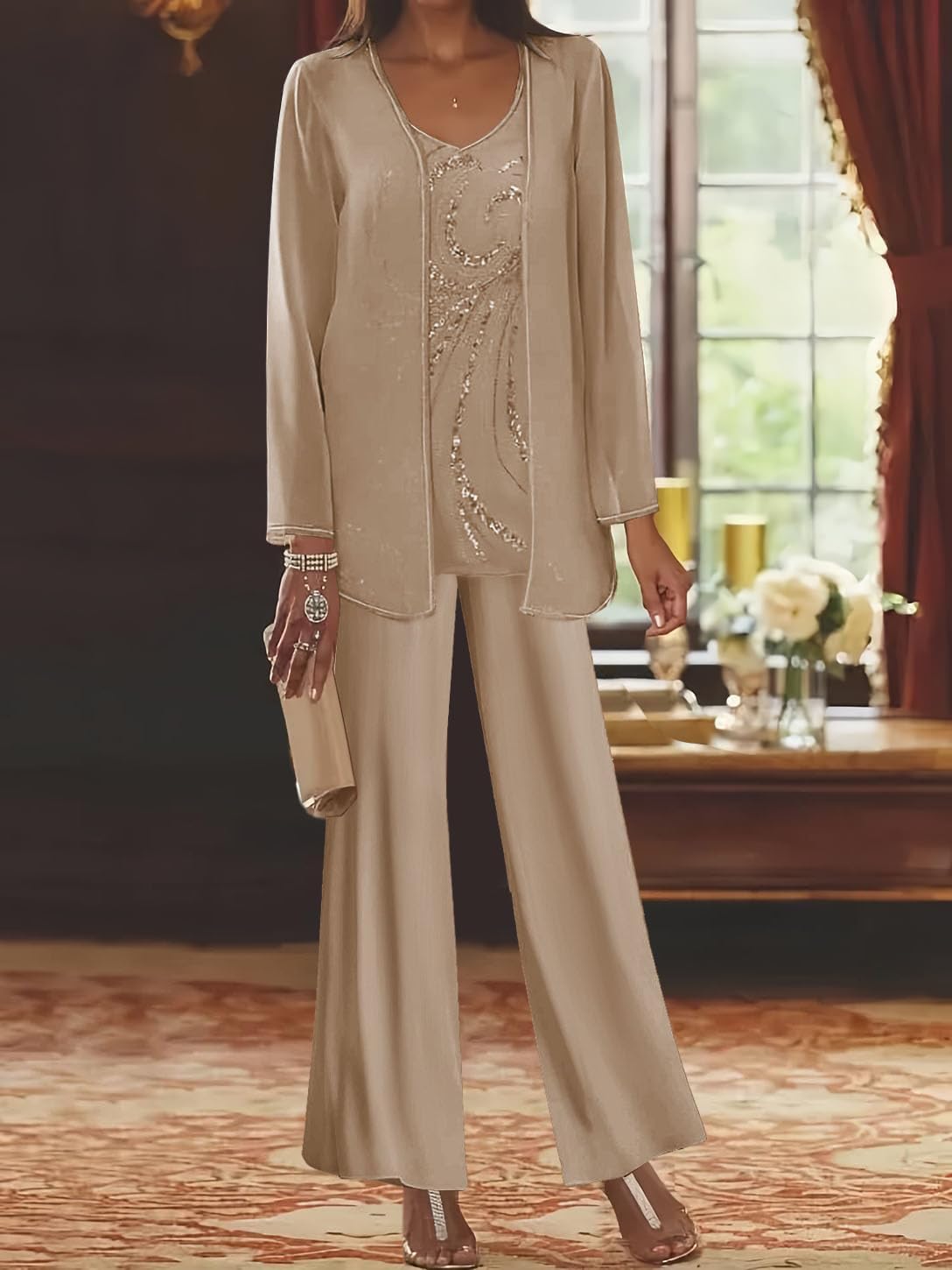Chiffon Mother of The Bride Pant Suits for Women 3 Piece Sequin Formal Wedding Guest Outfit with Jacket