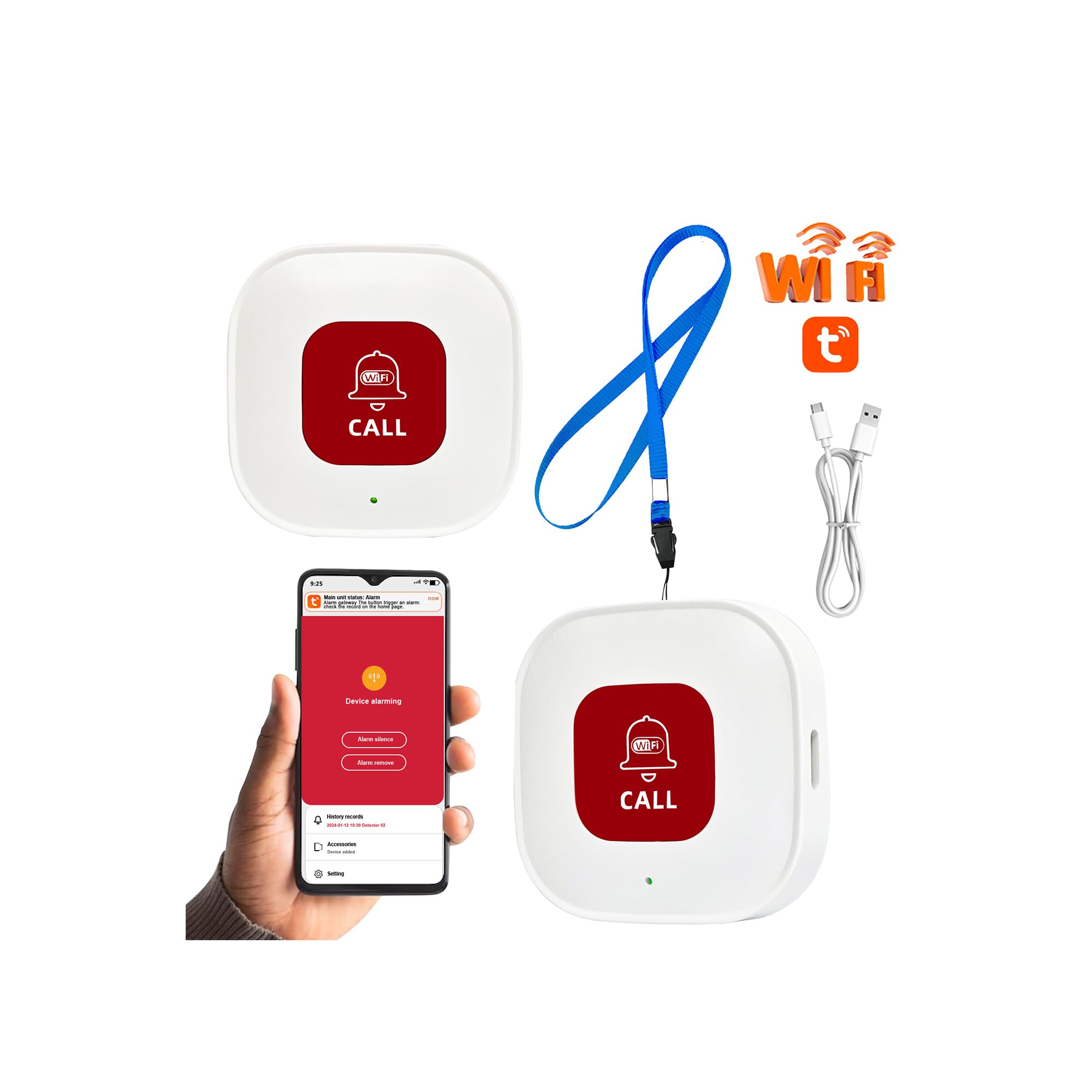 TUYA Personal Alarm for Elderly, WiFi SOS Button With Mobile APP Alert, 2.4GHz Wireless Caregiver Alert System
