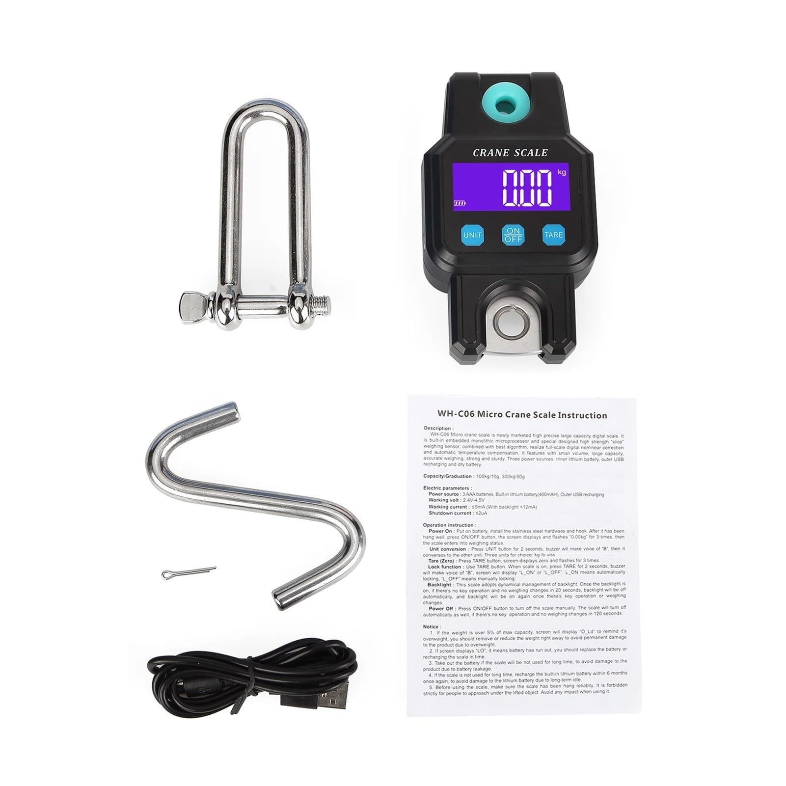 Báscula de grúa portátil de alta resistencia, báscula colgante electrónica Digital, unidad de báscula de gancho Industrial recargable, 300KG/ 600LB