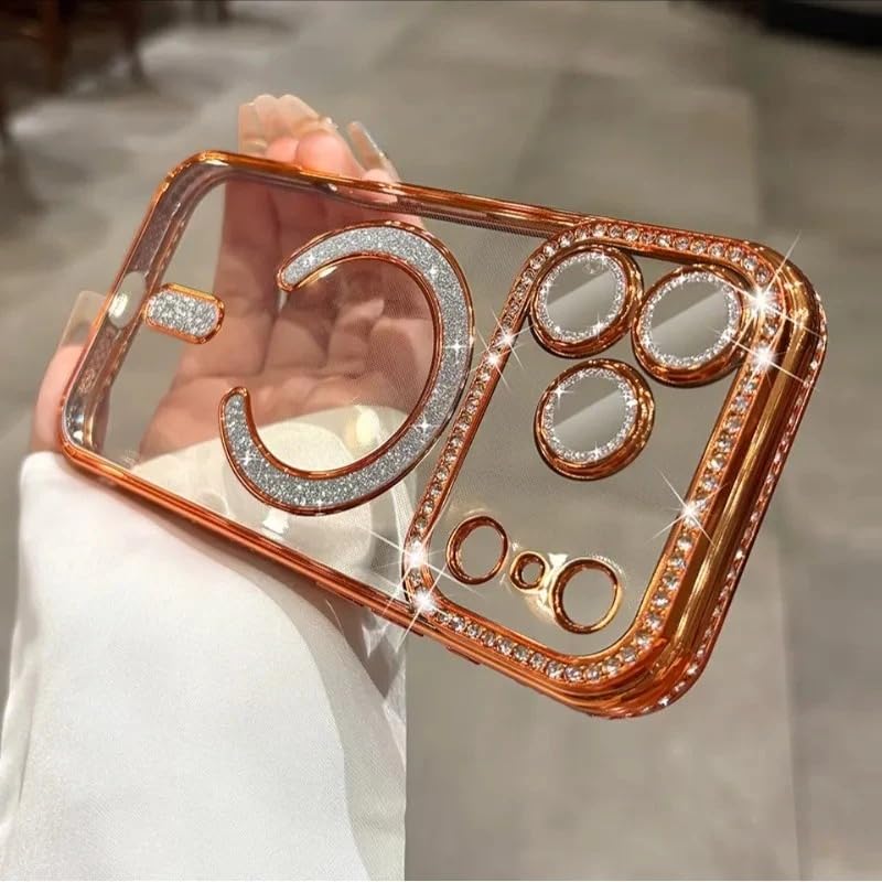 Image of for iPhone 17 Pro Max Magnetic Glitter Case,Luxury Bling Rhinestone Diamond Plated Bumper Case Sparkle Camera Lens Protection Clear Cover for iPhone 17 Pro Max (Orange)