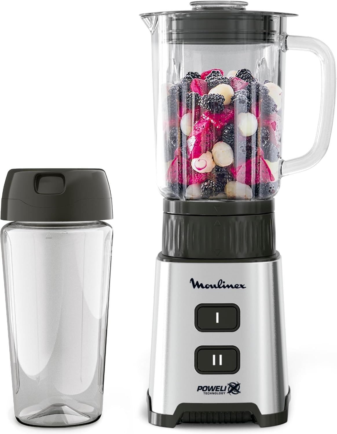 Moulinex Pulseo, Batidora de vaso individual de 400 W, TecnologÃa Powelix, Cuchillas extraÃbles, 2 velocidades, Control de textura, Con recipiente portátil de 600 ml, Acero inoxidable, LM17GD